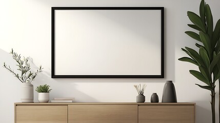 Poster - Minimalist home decor featuring a blank frame and plants elegantly arranged on a wooden sideboard : Generative AI