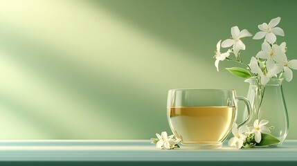 Poster - Delicate cup of herbal tea with fresh white flowers on a soothing green background creating a calming atmosphere : Generative AI