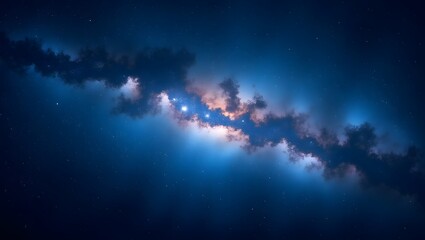 A mesmerizing abstract depiction of the Milky Way galaxy, filled with shimmering stars, swirling cosmic dust, and vibrant blue nebulae. The background features a deep, rich blue hue with subtle gradie