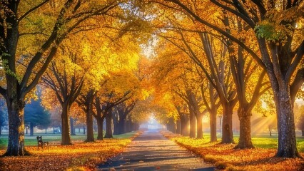  Golden Autumn Pathway A Serene Landscape with Sunlit Trees and a Solitary Bench