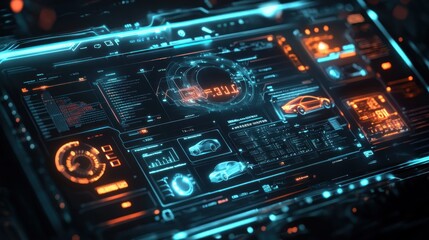 Futuristic dashboard depicting vehicle information with digital interface