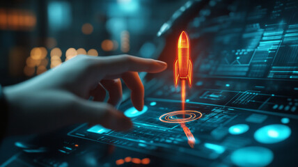 A hand is pointing at a rocket on a computer screen