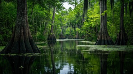  Tall trees reflect in the dark calm water of the swamp