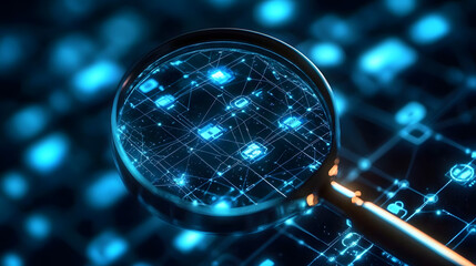 Wall Mural - a magnifying glass reveals a blue glowing digital network of icons.