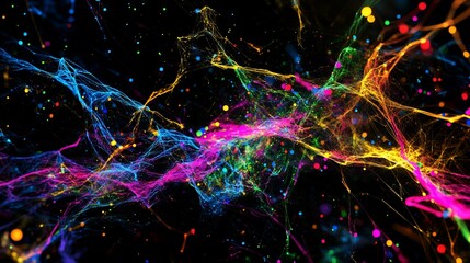 Abstract multicolored particle network with vibrant lines and dots on black background