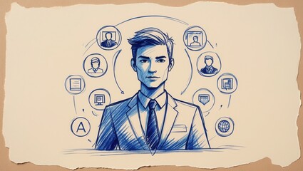 Blue ink sketch drawing of person in suit with network icons. White paper background with torn edges. Illustration of connection and business concept.