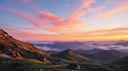 Fototapete - A breathtaking view of a mountain range bathed in the soft glow of a setting or rising sun, with the sky painted in a gradient of warm hues of pink, orange, and blue. The foreground is dominated