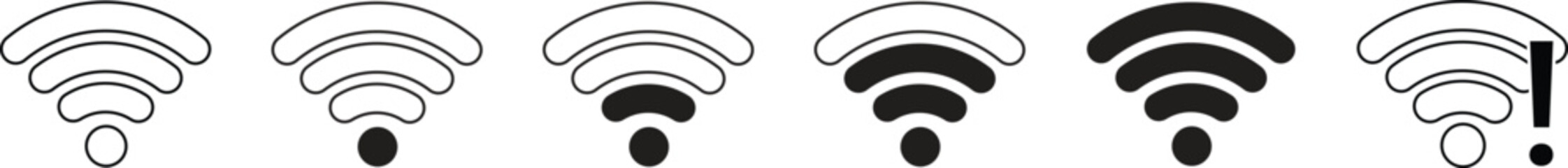 Wireless Wi-Fi signal icon set. Internet icon symbol sign isolated on transparent background. Mobile wireless signal strength indicator. Router wave, Broadcast, Communication antenna signs concept.