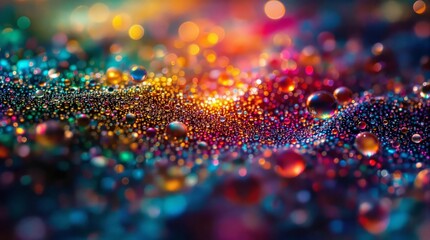 Fototapete - A vibrant, abstract, and colorful background with a myriad of water droplets, each reflecting a spectrum of hues ranging from deep blues and purples to bright yellows and pinks. The droplets appear to