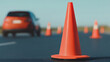 © A2Z AI  - Traffic cones create a driving course. Practice and training. Improving skills. Close-up of a bright cone with a vehicle in the background.