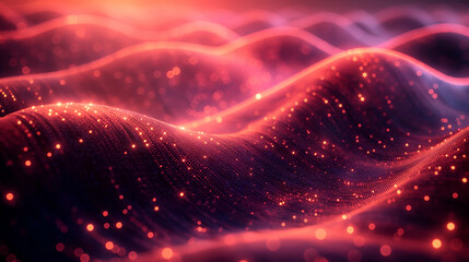 Wall Mural - Red Glowing Particle Waves Dark Digital Art, Shiny Energy Texture