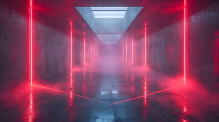Wall Mural - Red Neon Corridor Grunge Concrete, Futuristic Dark Style with Wet Floor