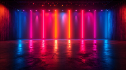 Wall Mural - Neon Glowing Stage Pink Blue Red Orange, Futuristic Dark Room Design
