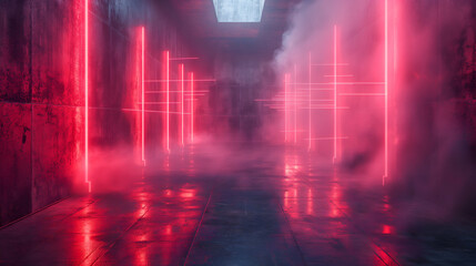 Wall Mural - Red Neon Corridor Grunge Concrete, Pink Vaporwave Style for Modern Design