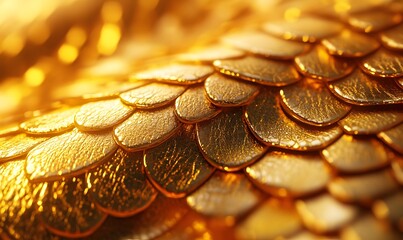 Golden dragon scales texture shimmering with light creating a rich pattern