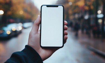 A person is holding a cell phone with a white screen