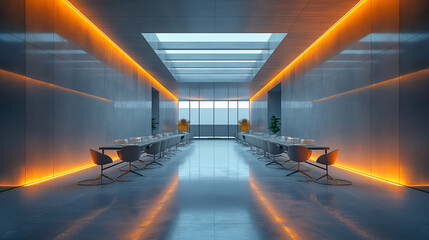 Wall Mural - Minimalist Office Design Warm Lighting, Elegant Conference Room with Futuristic Architecture
