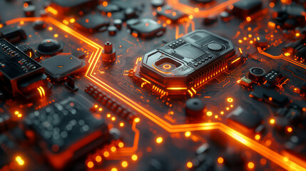 Wall Mural - Futuristic Circuit Board Orange Glowing Lines, Modern Electronic Design for Technology Themes