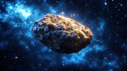 Wall Mural - Asteroid floating in a starfield, dark space environment with blue nebula