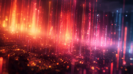 Wall Mural - Red Orange Pink Digital Art Glowing Lines, Futuristic Tech Design with Sparkle Effects