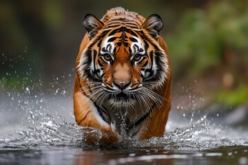 Wall Mural - Sumatran tiger walking in water with splashes