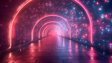 Wall Mural - Glowing Neon Tunnel Pink Blue Lights, Modern Sci-Fi Corridor Design for Digital Art
