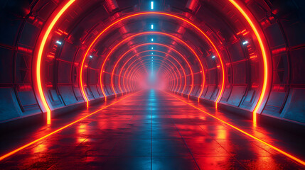 Wall Mural - Red Neon Tunnel Futuristic Sci-Fi Corridor, Modern Virtual Reality Design for Digital Art