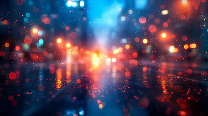 Wall Mural - Rainy Night Cityscape Red and Blue Lights, Moody Urban Nighttime Scene with Bokeh Effect