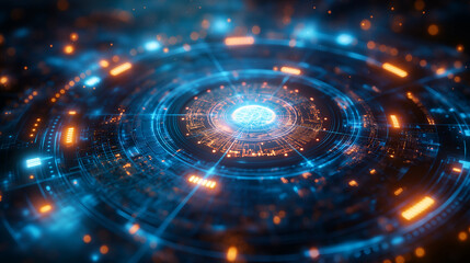 Wall Mural - Futuristic Tech Interface Neon Orange Blue Circuit Board, Glowing Data Lines Background
