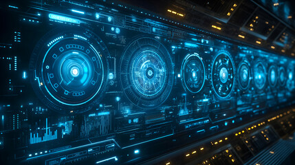 Wall Mural - Blue Digital Interface SciFi HUD Display, Neon Dark Data Light Modern Design