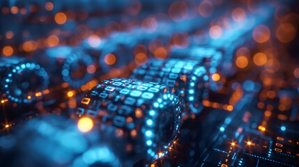 Wall Mural - Digital Data Stream Blue Orange Glowing Network, Futuristic Binary Code Background