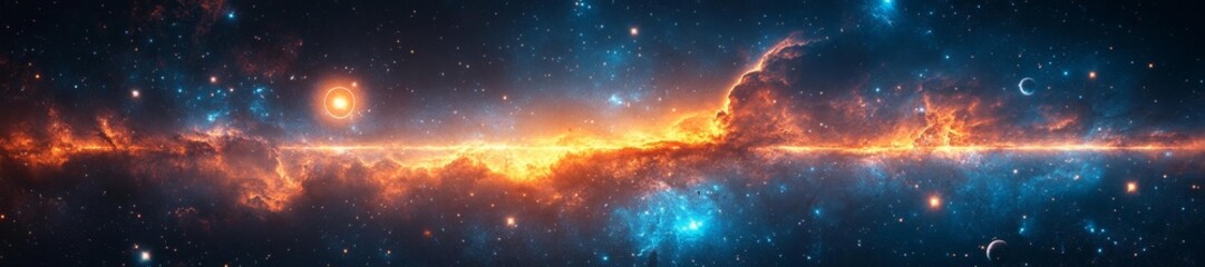 Wall Mural - Cosmic Scene of a Bright Star Surrounded by Nebulae and Planets in a Dazzling Sky. Generative AI