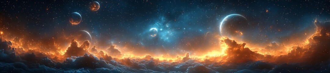 Wall Mural - Stunning Cosmic Horizon with Multiple Planets in a Fiery Nebula-filled Sky. Generative AI