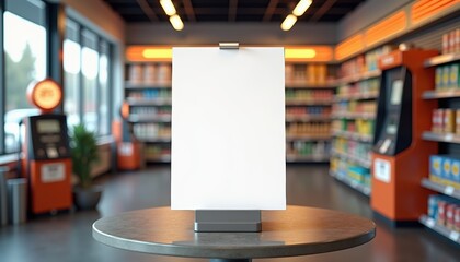 Aufkleber - Blank white sheet on metal stand atop round table in gas station store