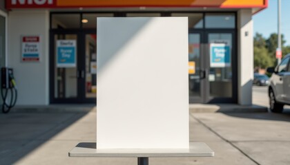 Aufkleber -  Blank white sheet on tabletop stand near gas station entrance