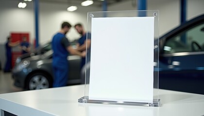 Aufkleber - Blank white sheet on acrylic stand at auto repair shop reception counter