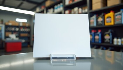 Aufkleber -  Blank white sheet on plastic stand at auto repair shop service desk