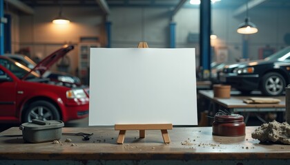 Aufkleber - Blank white sheet on stand atop cluttered worktable in auto repair shop