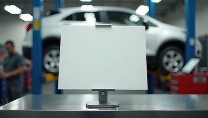 Aufkleber - Blank white sheet on metal stand in auto repair garage