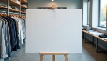 Aufkleber - Photorealistic mockup of a blank white sheet without text on a stand placed near a dry cleaning pick-up area in a clean and professional setting, slightly blurred background with clothing storage rack