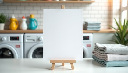 Aufkleber - Photorealistic mockup of a blank white sheet without text on a stand placed on a table in a laundry room with a bright and clean environment, slightly blurred background with washing machines, deterge