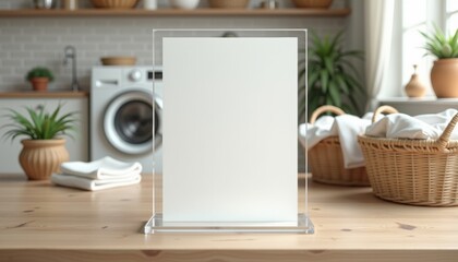 Aufkleber -  Photorealistic mockup of a blank white sheet without text on a transparent acrylic stand, positioned on a wooden table in a cozy laundry room with soft natural lighting, slightly blurred background w