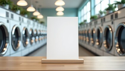 Aufkleber - Photorealistic mockup of a blank white sheet without text on a wooden stand at a laundromat table in a clean and organized setting with soft natural lighting, slightly blurred background with rows of 