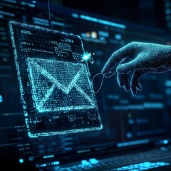 Poster - Cybernetic Hand Interacting with Digital Email Interface on a Futuristic Coding Screen Display