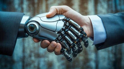 Businessman and robot handshake about tech innovation, machine learning progress and partnership with future Artificial General Intelligence