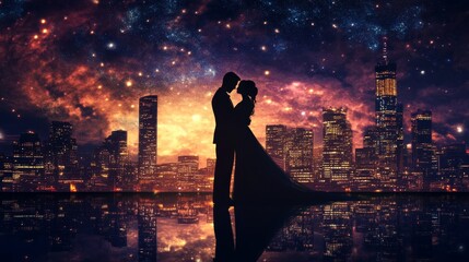 city nights romantic embrace - a romantic silhouette of a couple embracing against a breathtaking ci