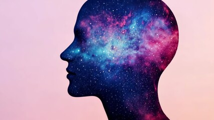 Wall Mural - surreal silhouette of human head filled with galaxy and stars on gradient background for dreamy and 