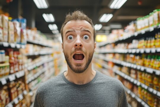Shocked Man in Supermarket Aisle - A man with a surprised expression stands in a supermarket aisle, surrounded by shelves of products