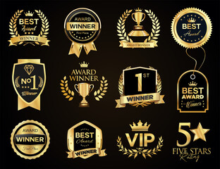 Wall Mural - winner's medal logo collection golden award logo design isolated on black background