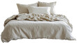 © Fly Frames - Unmade bed with beige linen sheets and pillows on transparent background